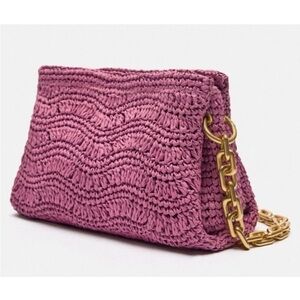 Zara Raffia Chain Shoulder Bag Woven Crochet Clutch Handbag Gold Purple/Pink